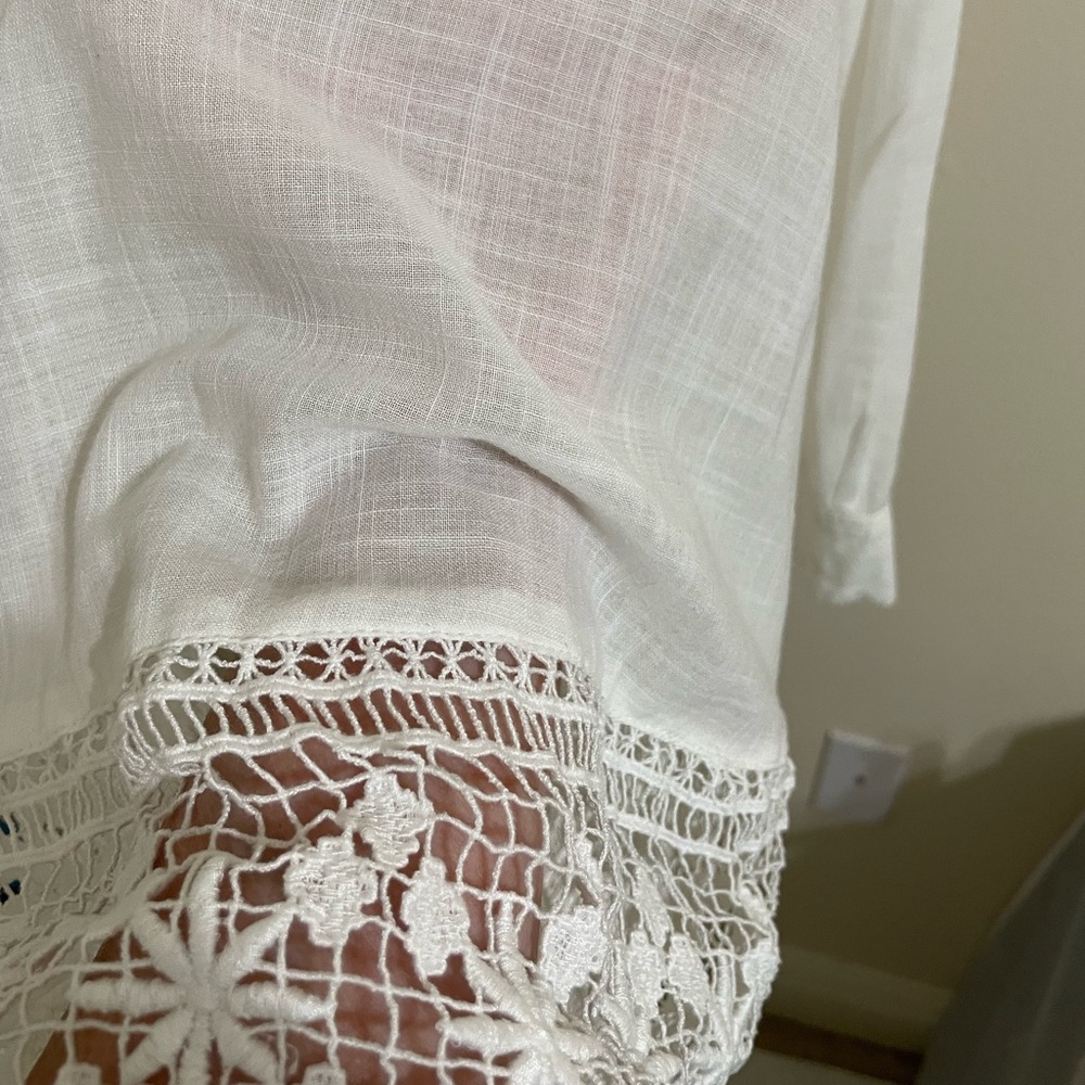 FREE PEOPLE Green Garden White Oversized Tunic Lace Edge Hem Lightly Sheer Top - Picture 12 of 16